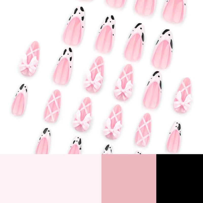 ASABITE 24 Pcs Pink Almond Press on Nails Short Medium Fake Nails with Glue, Reusable Press on Nails Acrylic Artificial Nails, Cute French Tip False Nails with Bow Cow Pattern Design Almond Nails for Women - Image 2